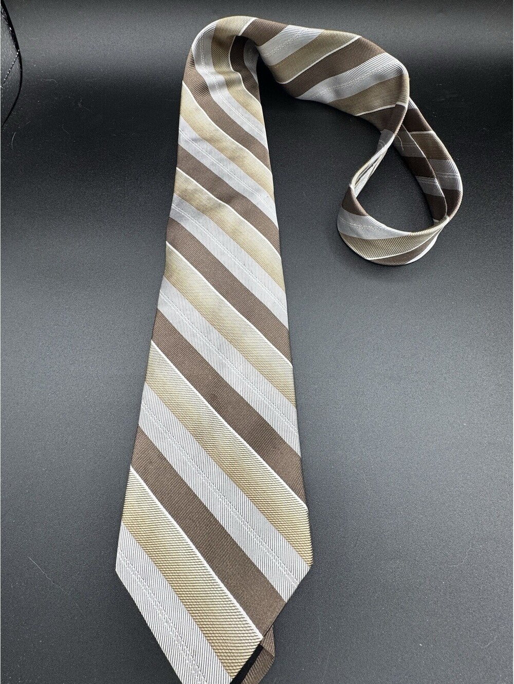 Murano 100% Silk Tie Brown Tan Silver Diagonal Stripe Hand Tailored USA Necktie